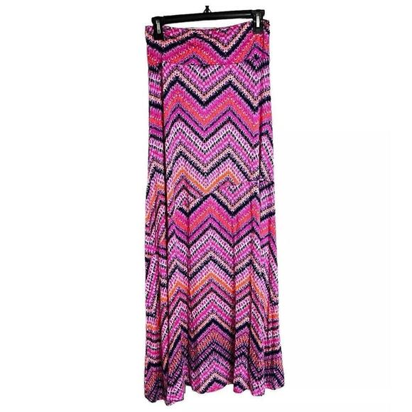 New Directions Maxi Skirt Size M Pull On Pink Multicolor Chevron Print READ - Picture 3 of 11